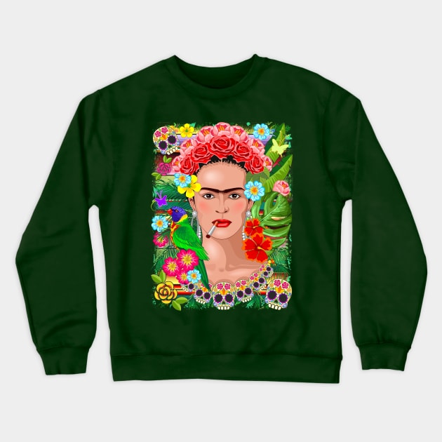 Frida Kahlo Floral Exotic Portrait Crewneck Sweatshirt by BluedarkArt